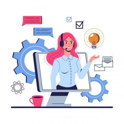 Technical support concept. Idea of customer service. Woman support clients and help them with problems. Providing customer with valuable information. Vector illustration in cartoon style